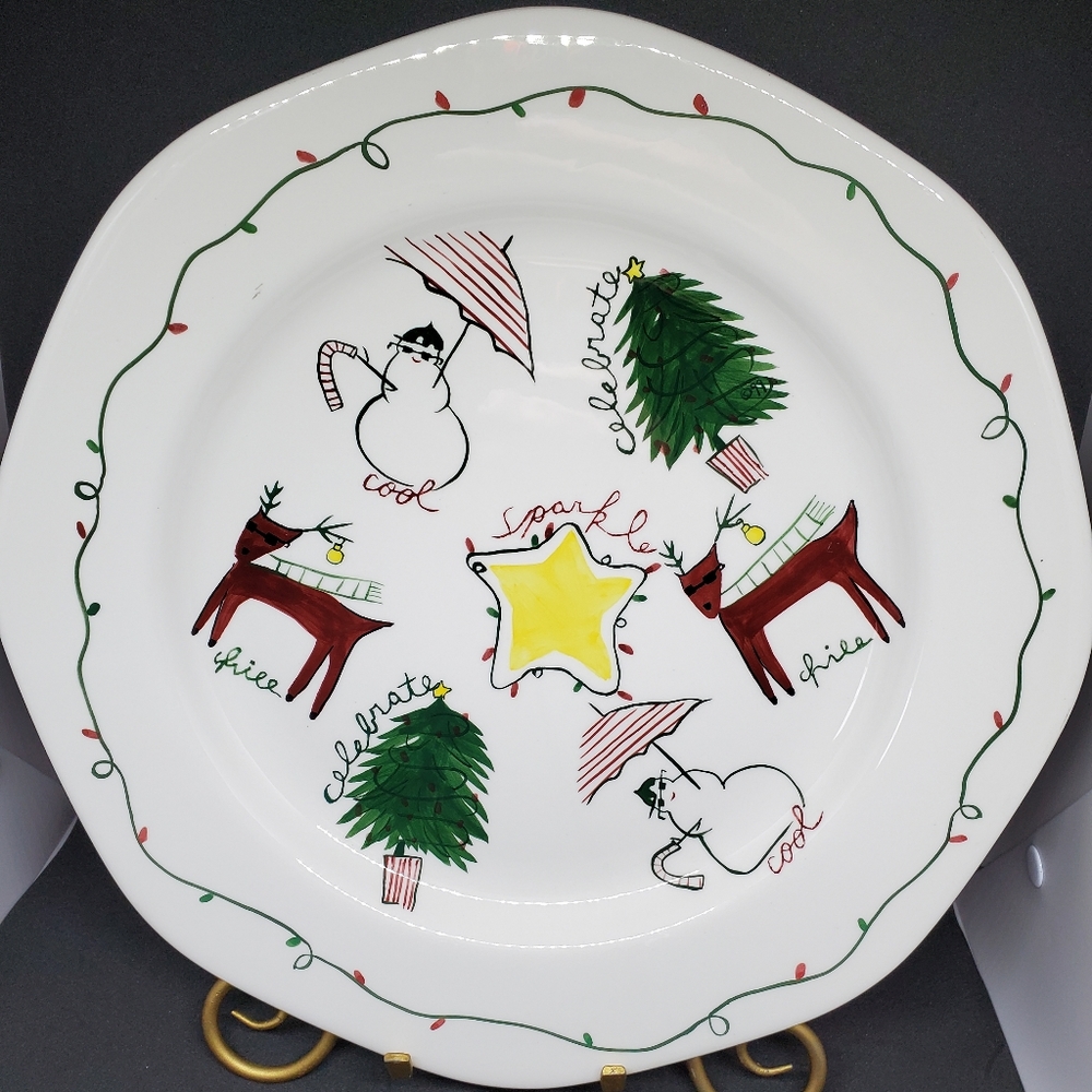 At Home International Holiday Plate Winter Snowmen Reindeer ~Pre-Owned - Picture 2 of 10
